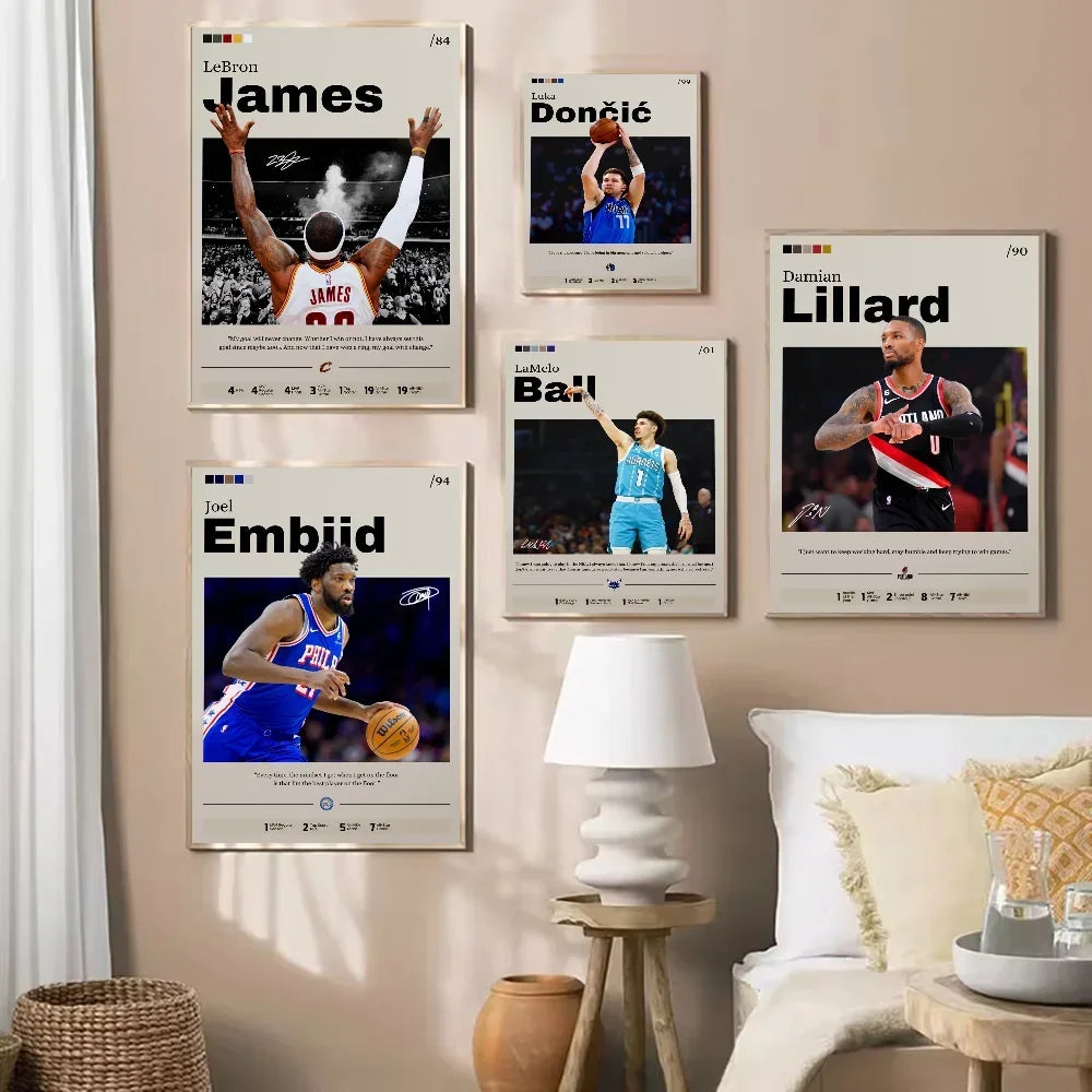 Basketball Star Embiid, James, Doncic, Ball, Lillard NBA Poster Decorative for Aesthetic Room Decor Unframed